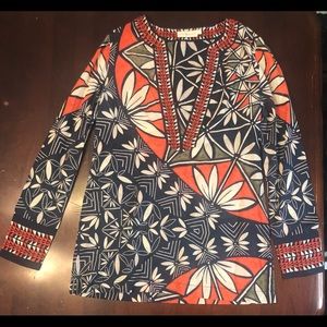 Tory Burch Tunic Size 2 Navy, Orange & Tan Pottery